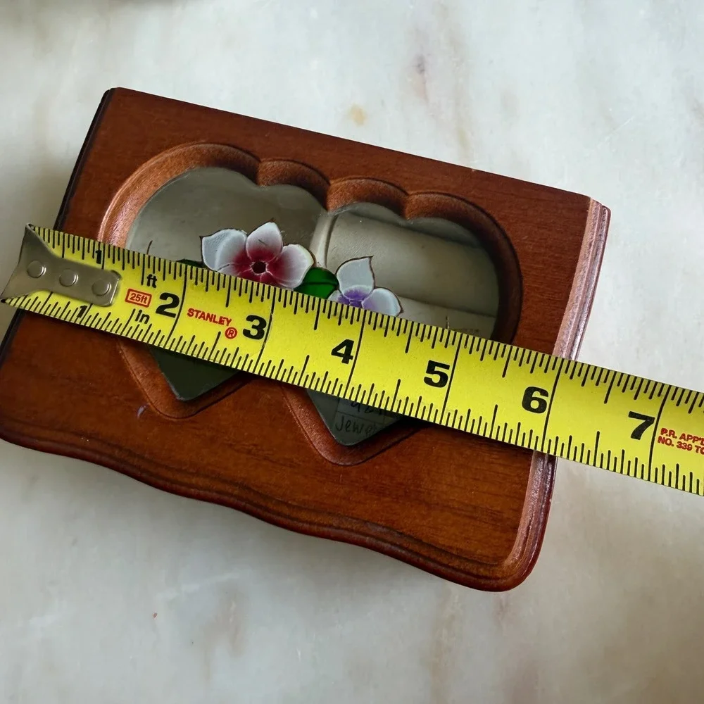 Vintage Wood Jewelry Box Double Heart Floral Glass Inlay Trinket Box Organizer